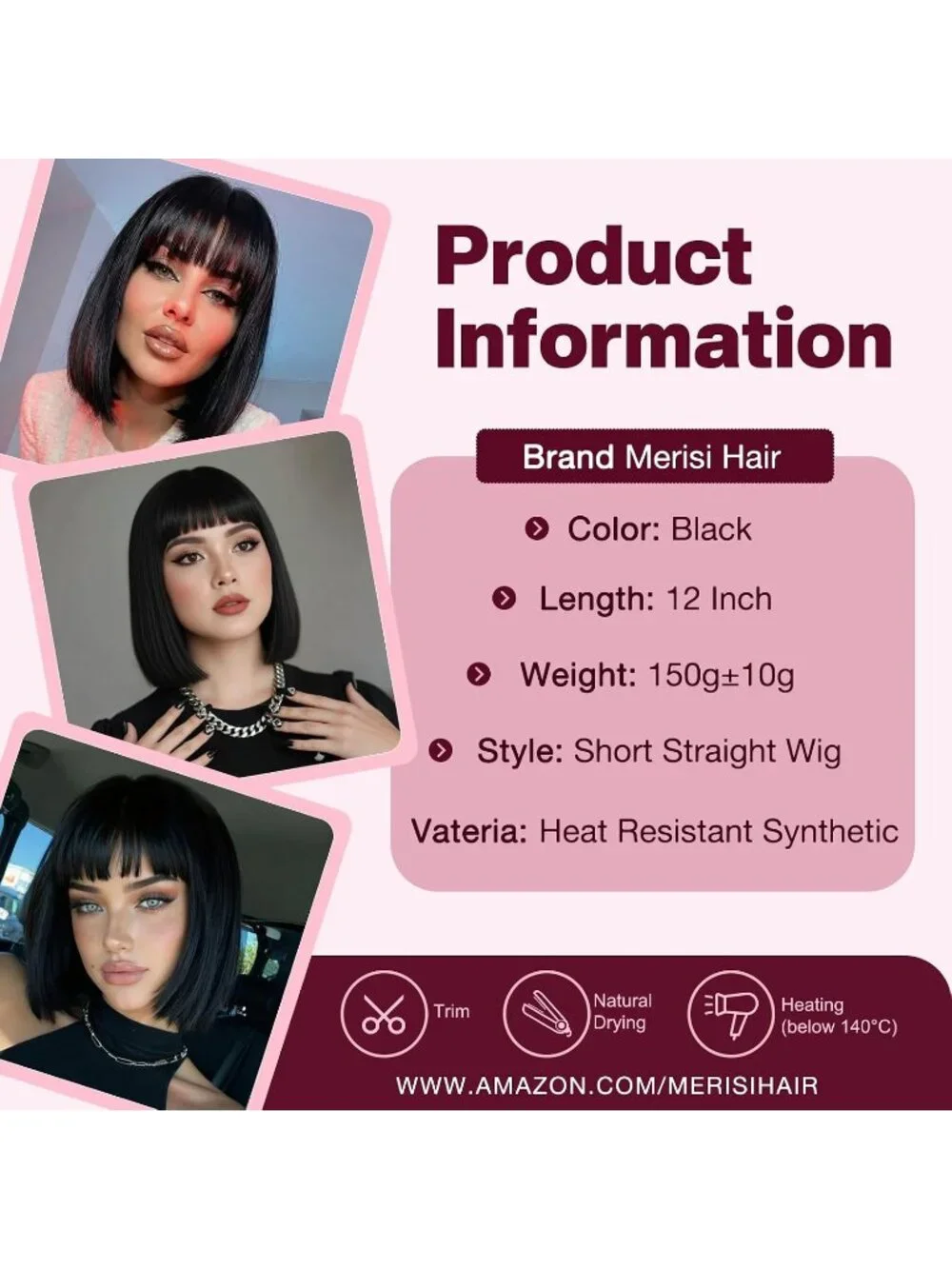 Women's Black 11 Inch Heat Resistant Synthetic Short Straight Wigs Bangs